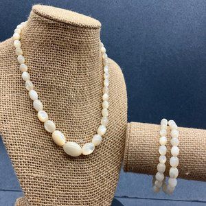 Necklace Double Bracelet Set Milky White Translucent Pearl Oval Graduated Retro